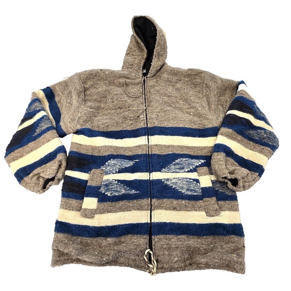 Guatemalan 100% Wool Hooded Zip‎ Jacket Mens Large Gray Blue Lined Aztec Baja
